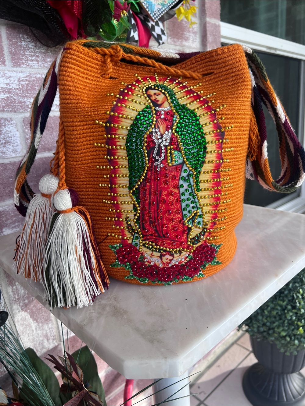 Handcrafted Orange Embellished Virgen de Guadalupe Bucket WAPA Bag